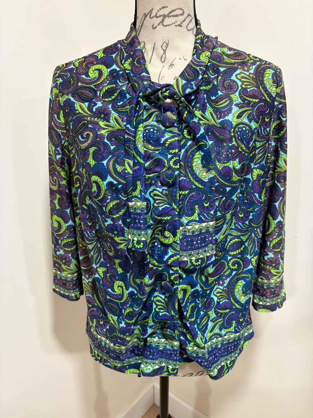 Vintage Blue Green Purple 3/4 sleeve 70s Tie Neck Shirt Blouse